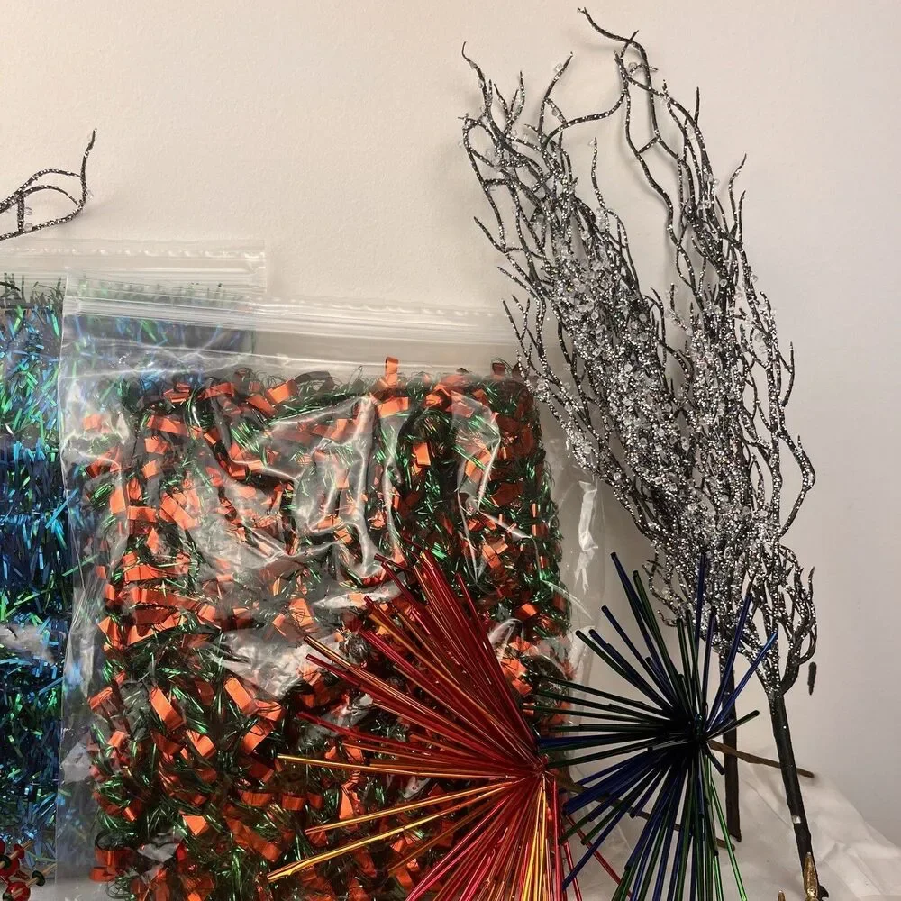 Vintage Christmas Ornaments Decorations Lot Birch Branches Sprays Foils Tinsel